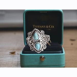 NATURAL TURQUOISE  BEZEL SET ORNATE SILVER NEW SIZE 6 STATEMENT RING